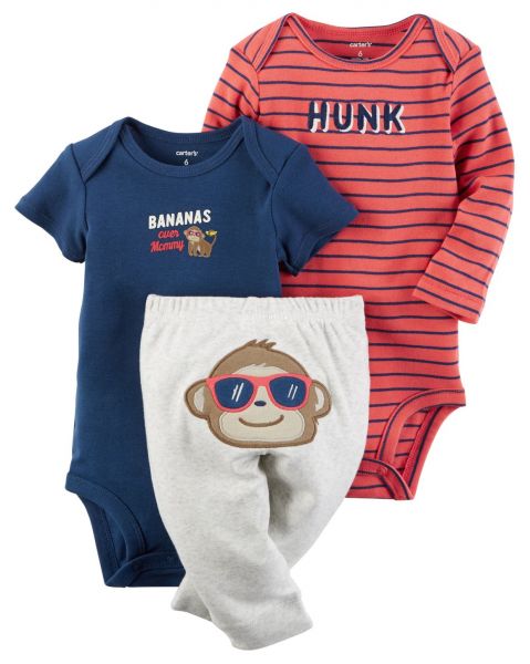 Conjunto 3 Peças Macaco Carter's (1 Body Mc + 1 Body Ml + 1 Calça)